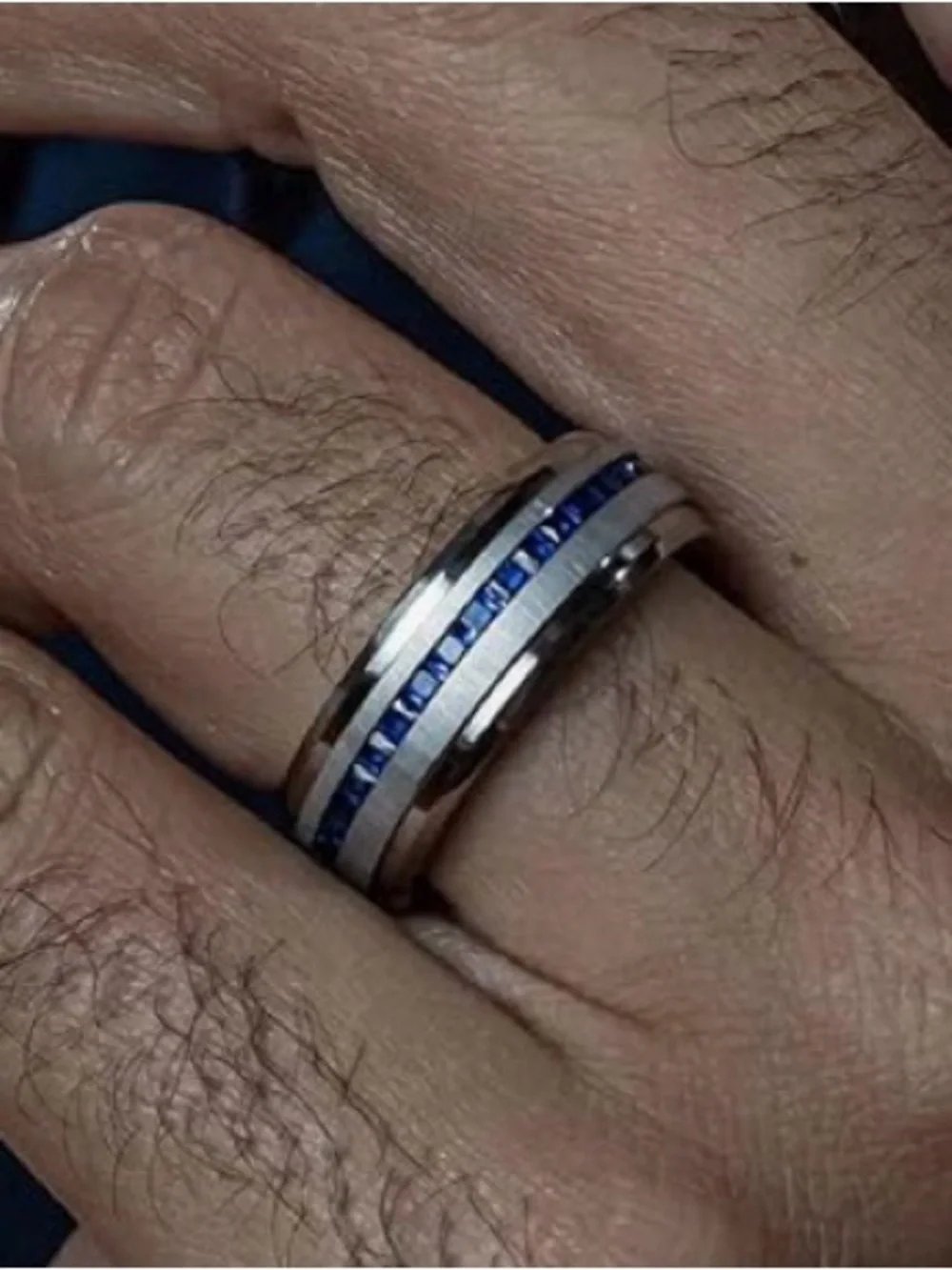 NWT-Men's 2.4Ct Eternity Princess Titanium Wedding Band Simulated Sapphire Blue